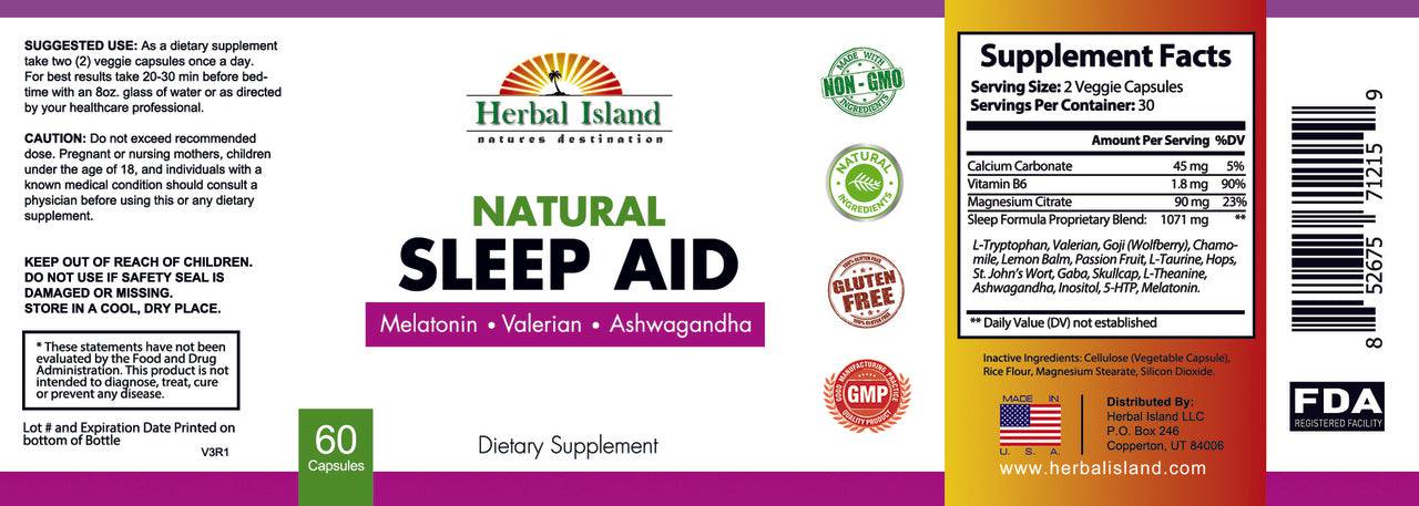 Sleep Aid - 60 Capsules - All Natural Formula - Herbal Island