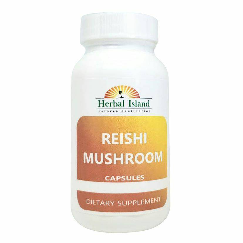 Herbal Island Reishi Mushroom Capsules in a clear bottle, showcasing the dark capsules on a white background.