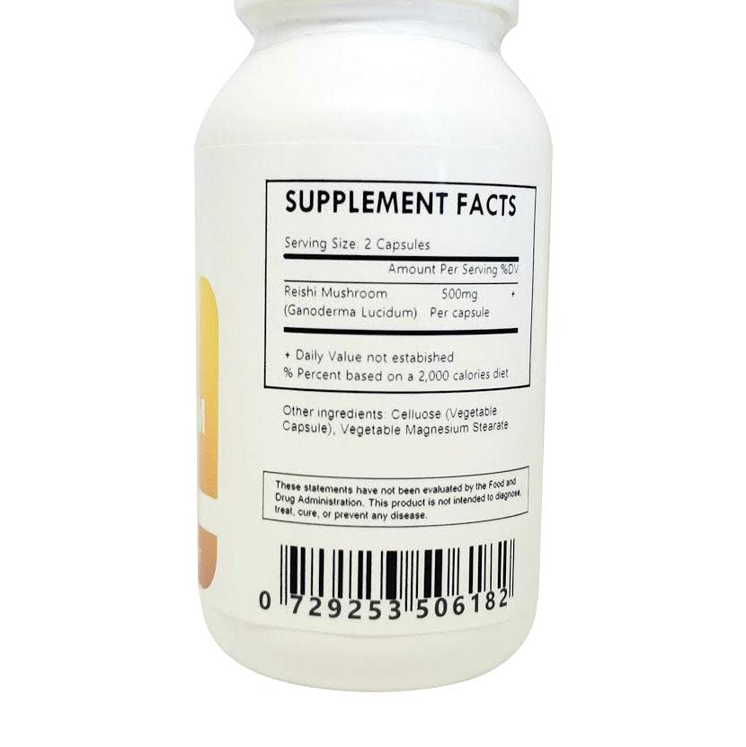 Herbal Island Reishi Mushroom Capsules (Ganoderma lucidum) in a clear bottle, showcasing supplement capsules on a white background.