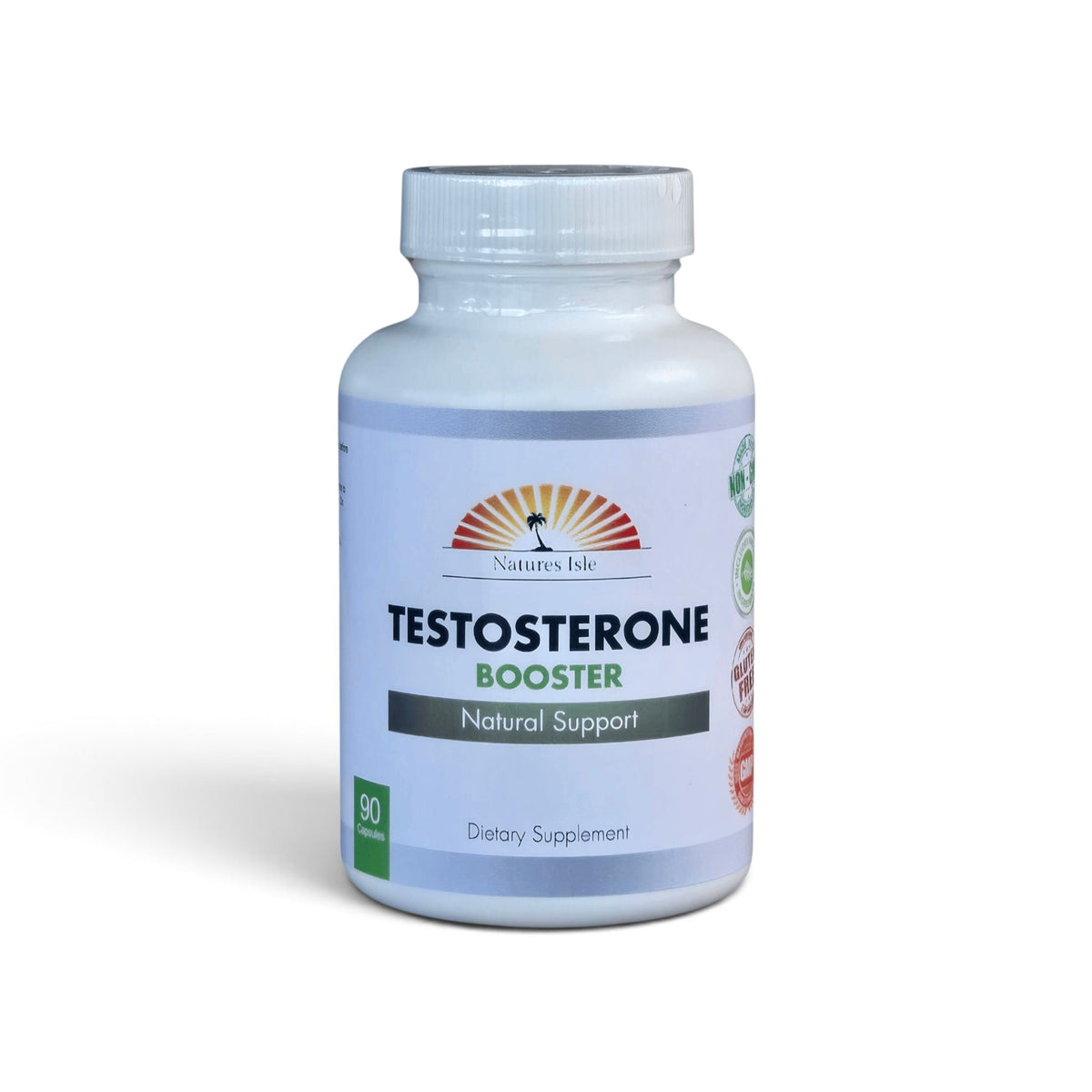 Herbal Island testosterone booster capsules in a bottle, featuring 90 all-natural capsules for supporting energy and vitality.