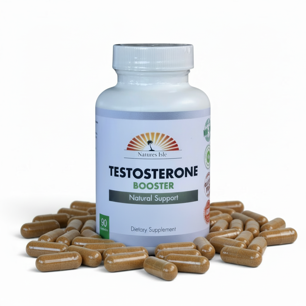 Herbal Island natural testosterone booster capsules, 90 count, showing a bottle of dietary supplement capsules on a neutral background.
