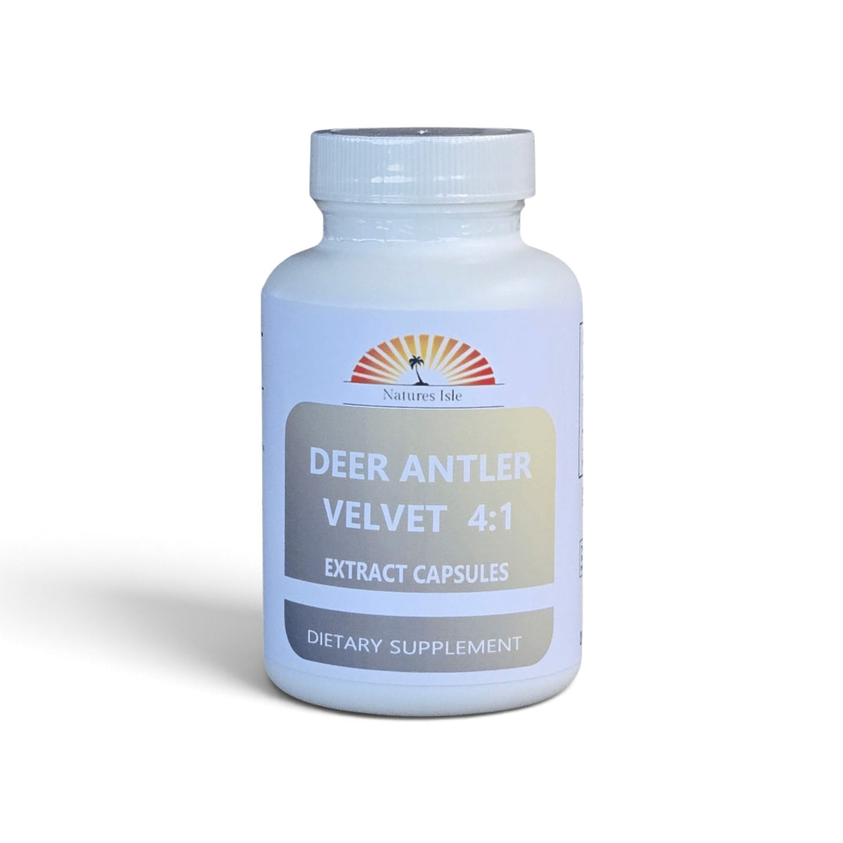 Herbal Island deer antler velvet extract powder capsules in a bottle, showcasing natural supplement for wellness.