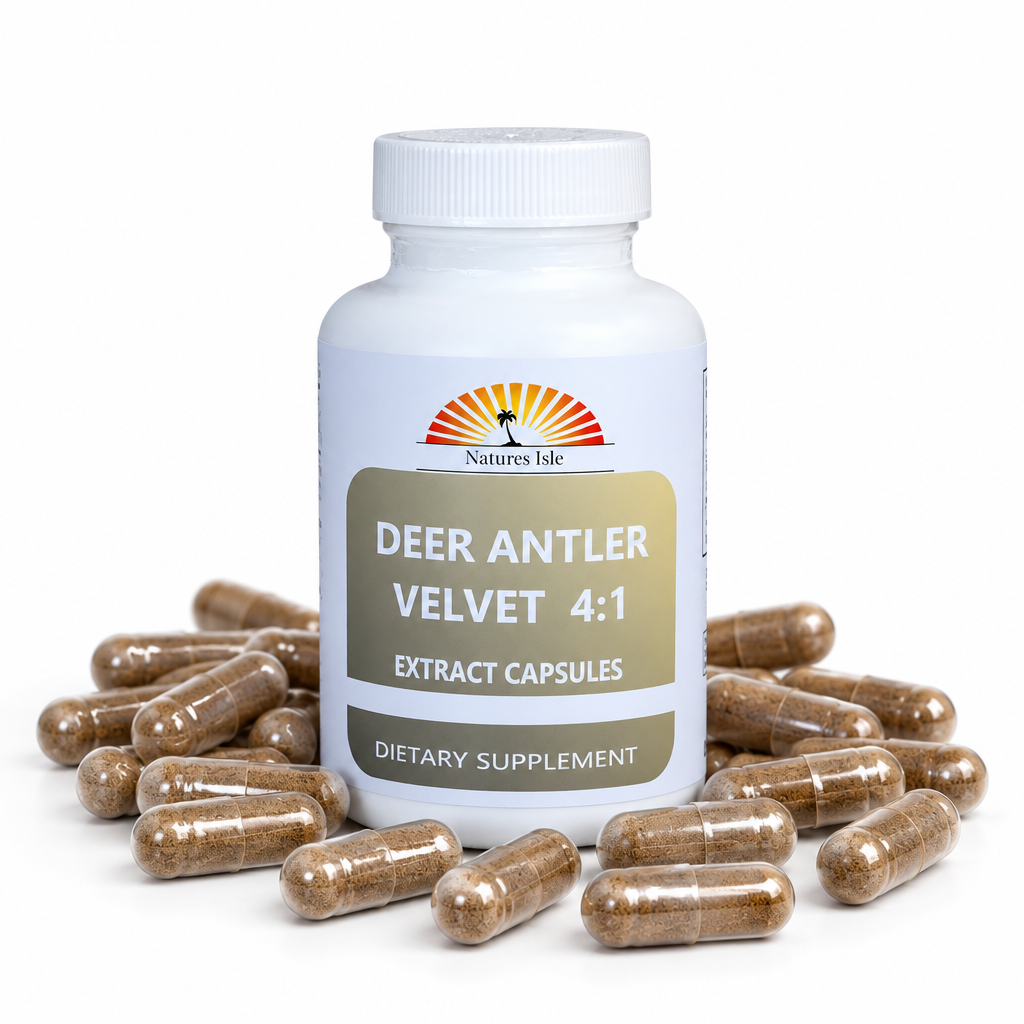 Herbal Island deer antler velvet extract capsules in a clear bottle, showing the brown capsules inside.