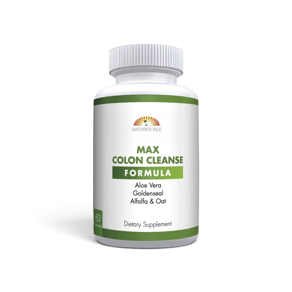 Herbal Island Colon Cleanse Formula capsules in a bottle, natural herbal supplement for digestive health.