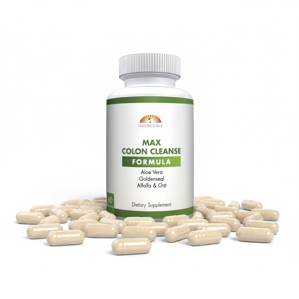 Herbal Island Colon Cleanse Formula capsules, dietary supplement for digestive health, shown in a clear plastic bottle with capsules inside.