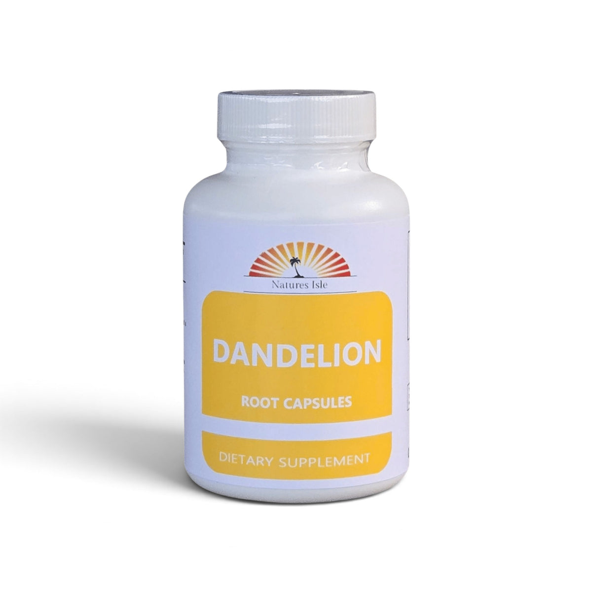 Herbal Island Dandelion Root Powder Capsules, 500mg, in white capsules displayed on a neutral background.