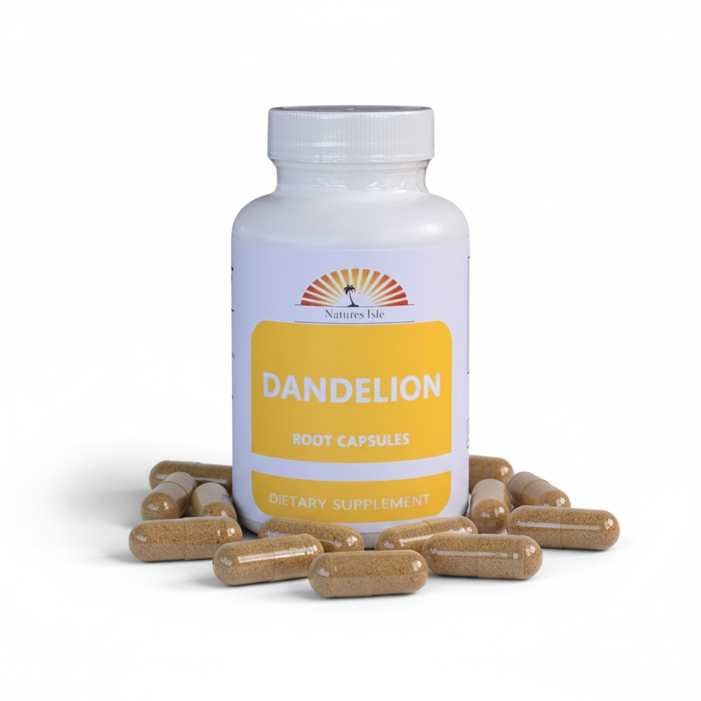 Herbal Island Dandelion Root Powder Capsules, 500mg, in white capsules, displayed against a plain background.