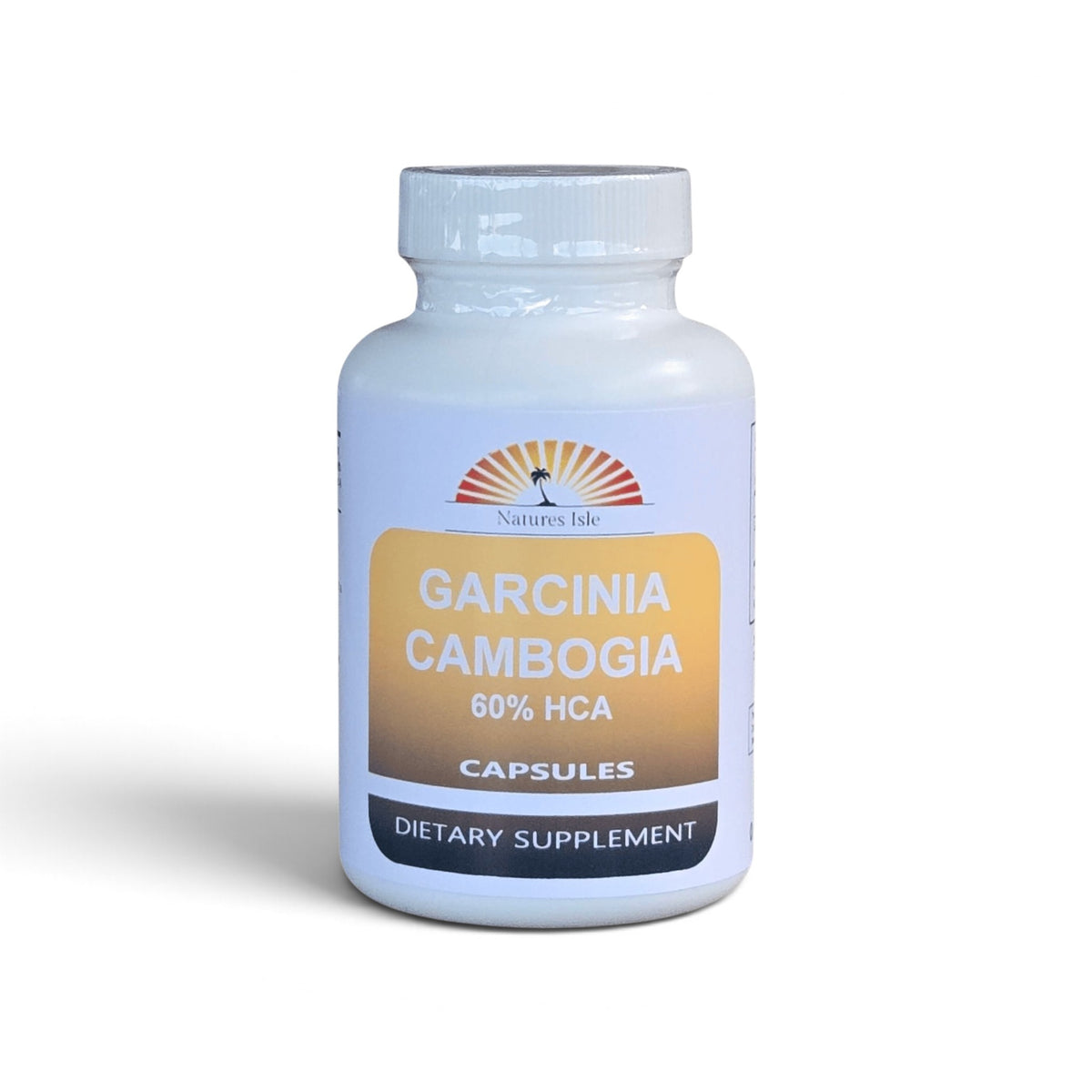 Herbal Island Garcinia Cambogia 60% HCA extract capsules, dietary supplement in orange and white capsule bottles with label