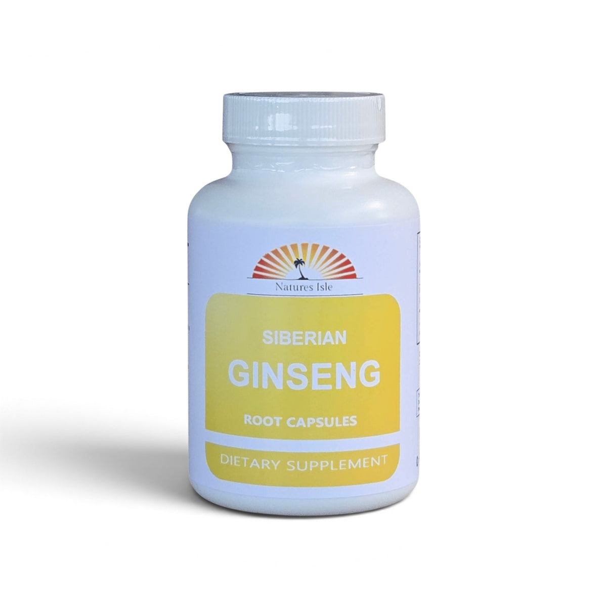 Herbal Island Siberian ginseng Eleuthero root capsules in a bottle, natural supplement for energy and stamina.