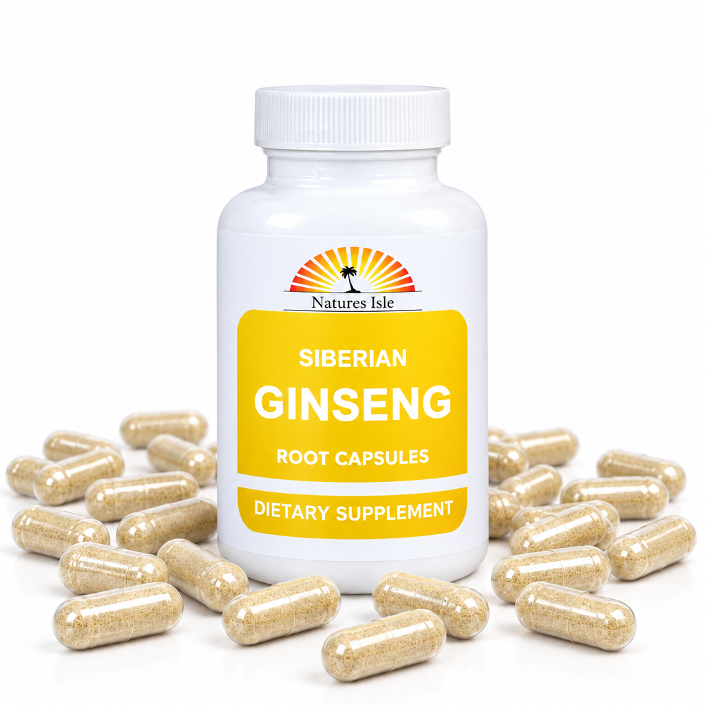 Herbal Island Siberian ginseng capsules with eleuthero root, dietary supplement in clear capsule form on a white background.