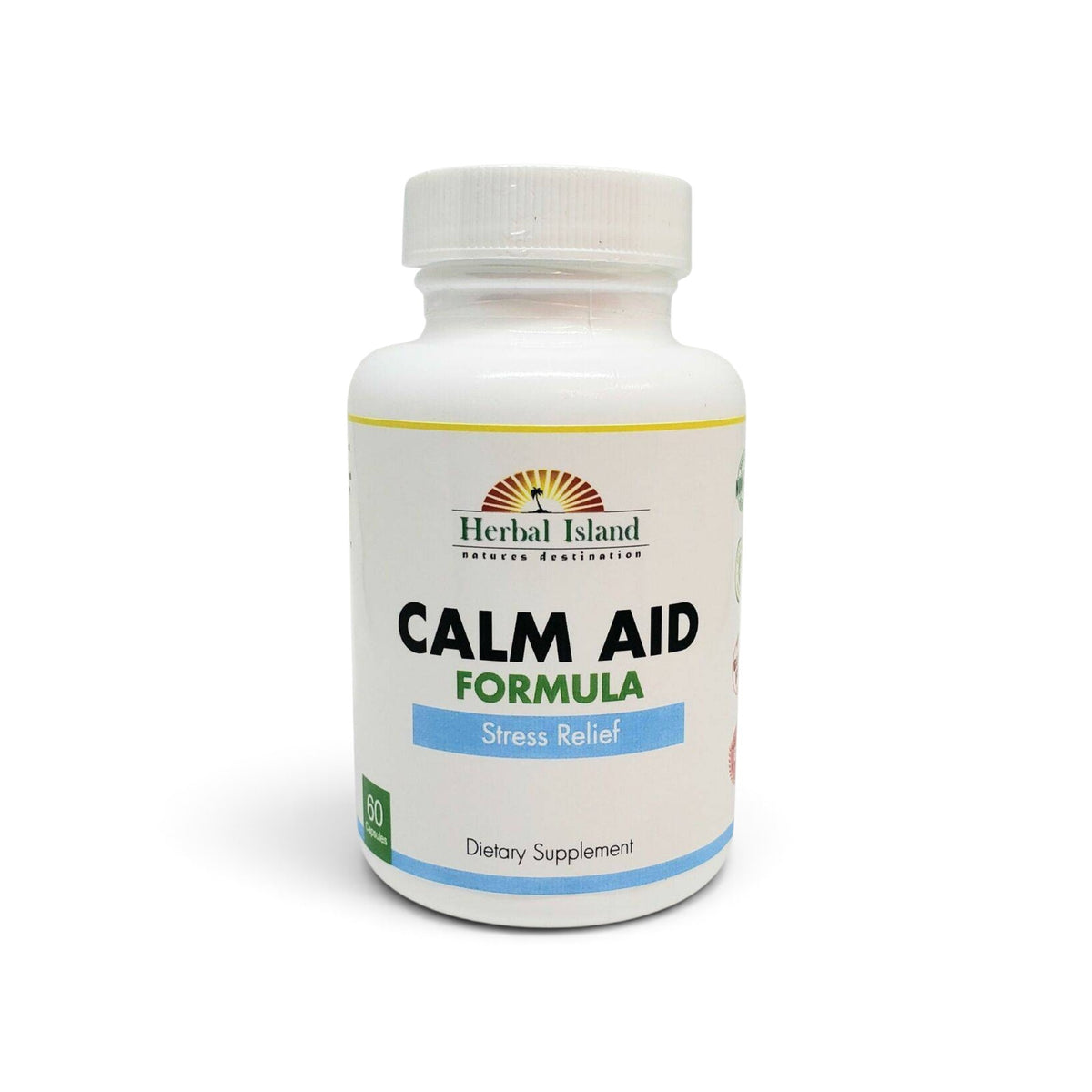 Herbal Island Calm Aid Formula bottle of natural stress relief vitamins and supplements with herbal ingredients on a white background.