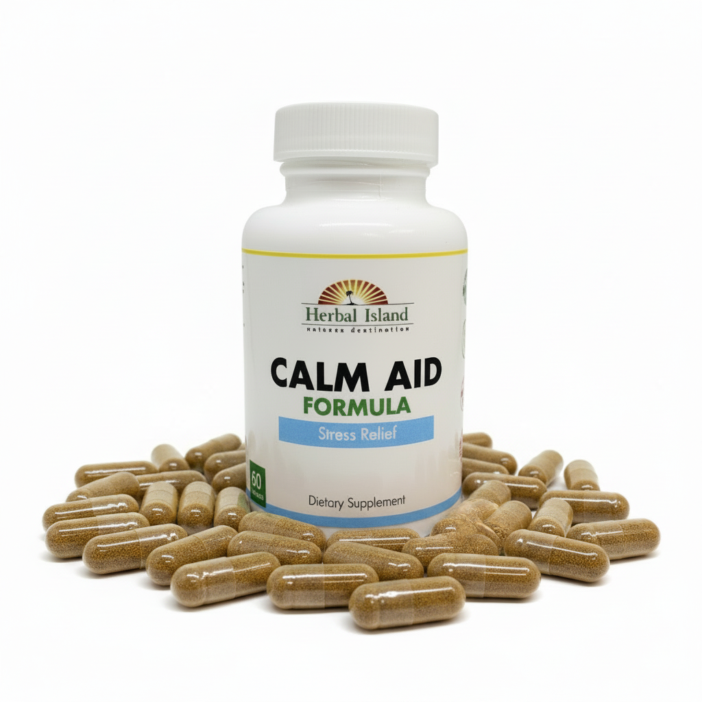 Herbal Island Calm Aid Formula supplement bottle with natural stress relief vitamins and supplements for relaxation.
