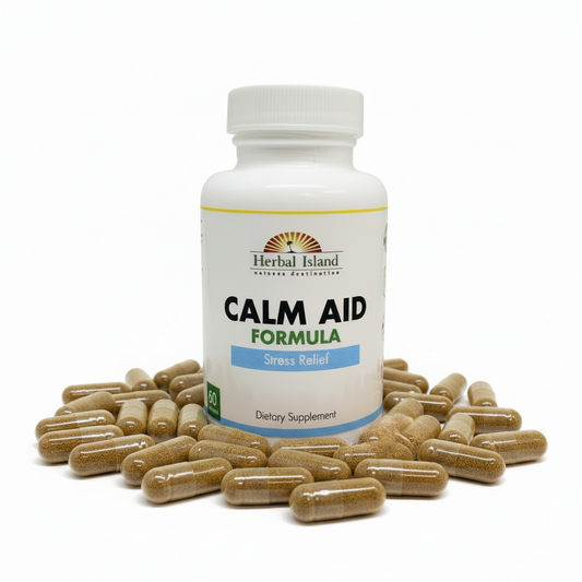 Herbal Island Calm Aid Formula supplement bottle with natural stress relief vitamins and supplements for relaxation.