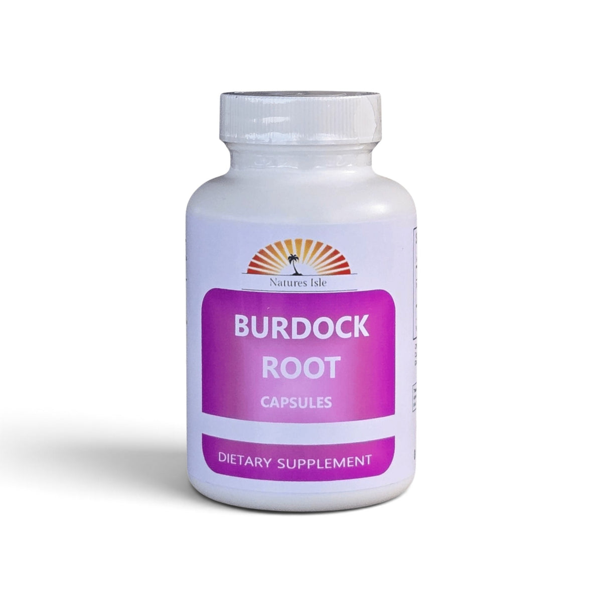 Herbal Island burdock capsules in a bottle showing the capsule packaging on a white background.