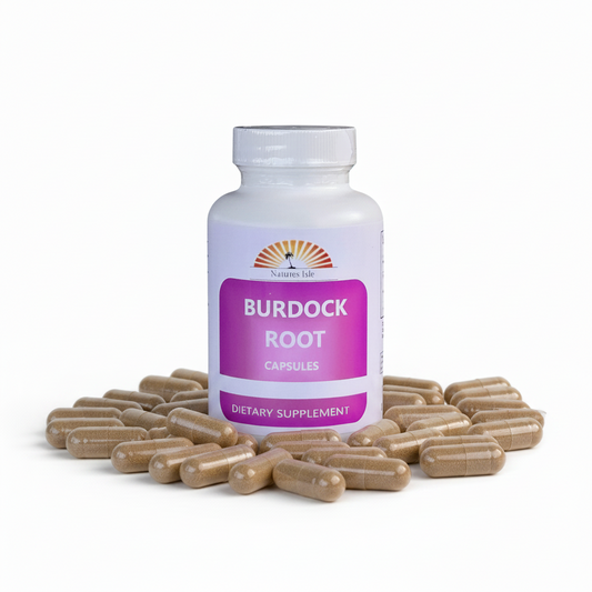 Herbal Island burdock capsules in clear plastic bottles with white caps, showing the product label and capsules inside.