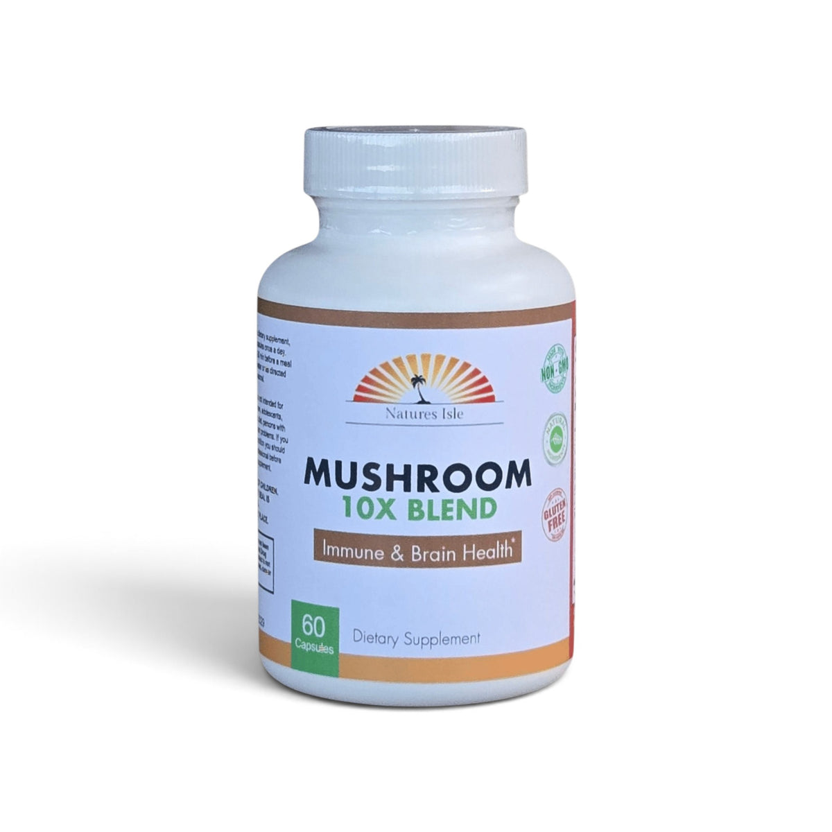Herbal Island Mushroom 10X Blend Formula capsules, dietary supplement in 60 capsules bottle, natural mushroom extract supplement.