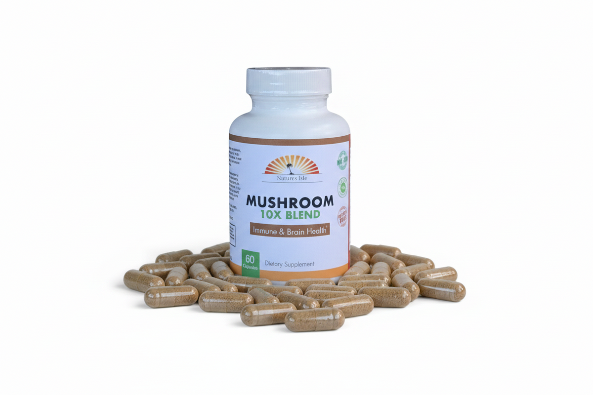 Herbal Island Mushroom 10X Blend Capsules, 60-count, showing the bottle with capsules inside and label details.