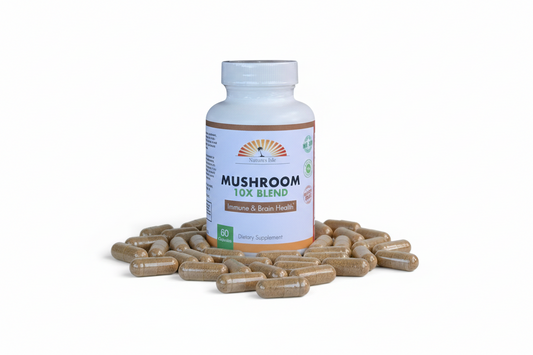 Herbal Island Mushroom 10X Blend Capsules, 60-count, showing the bottle with capsules inside and label details.