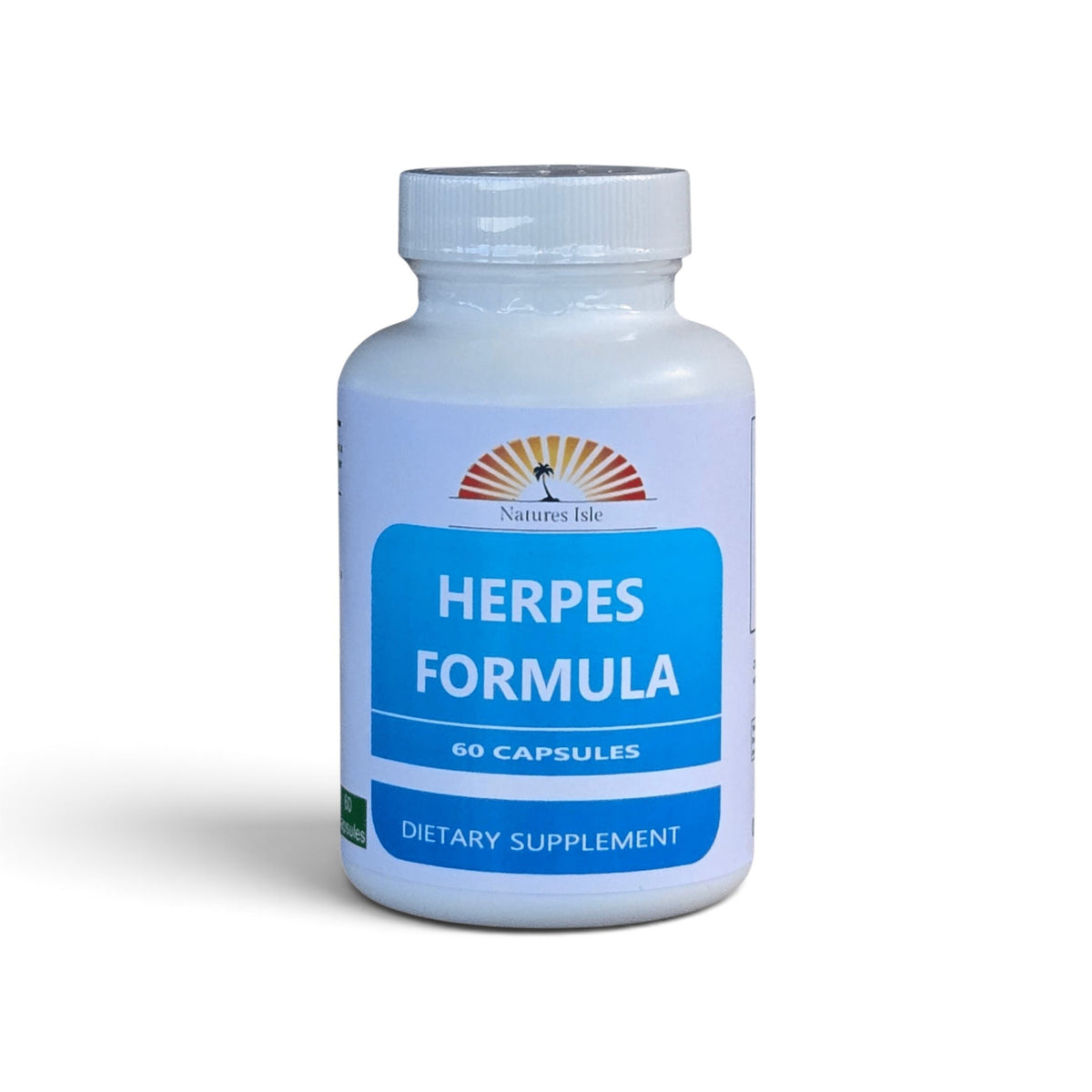 Herbal Island Herpes Formula capsules in a bottle, all-natural supplement for herpes relief, with 60 capsules shown.