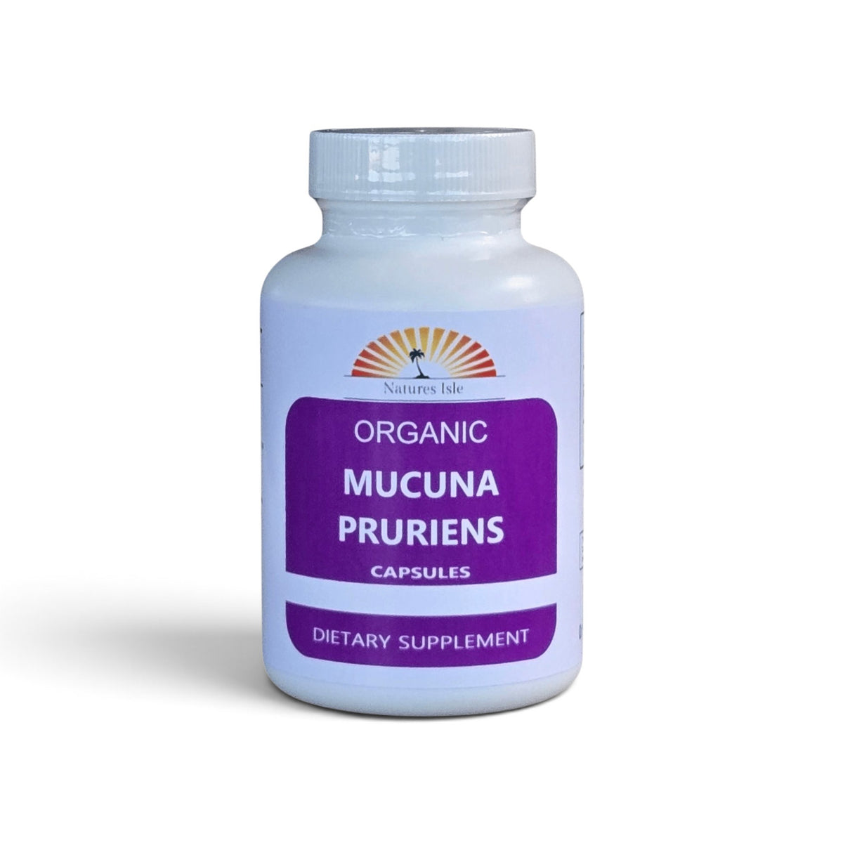 Organic Mucuna Pruriens capsules from Herbal Island, shown in a clear container with natural brown capsules inside.