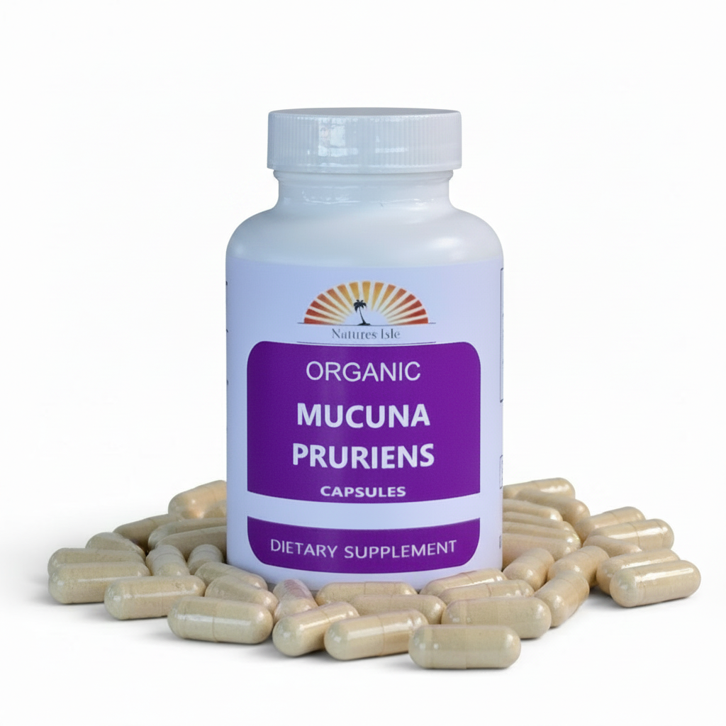 Organic Mucuna Pruriens capsules by Herbal Island, featuring a close-up of the capsules in a clear container.