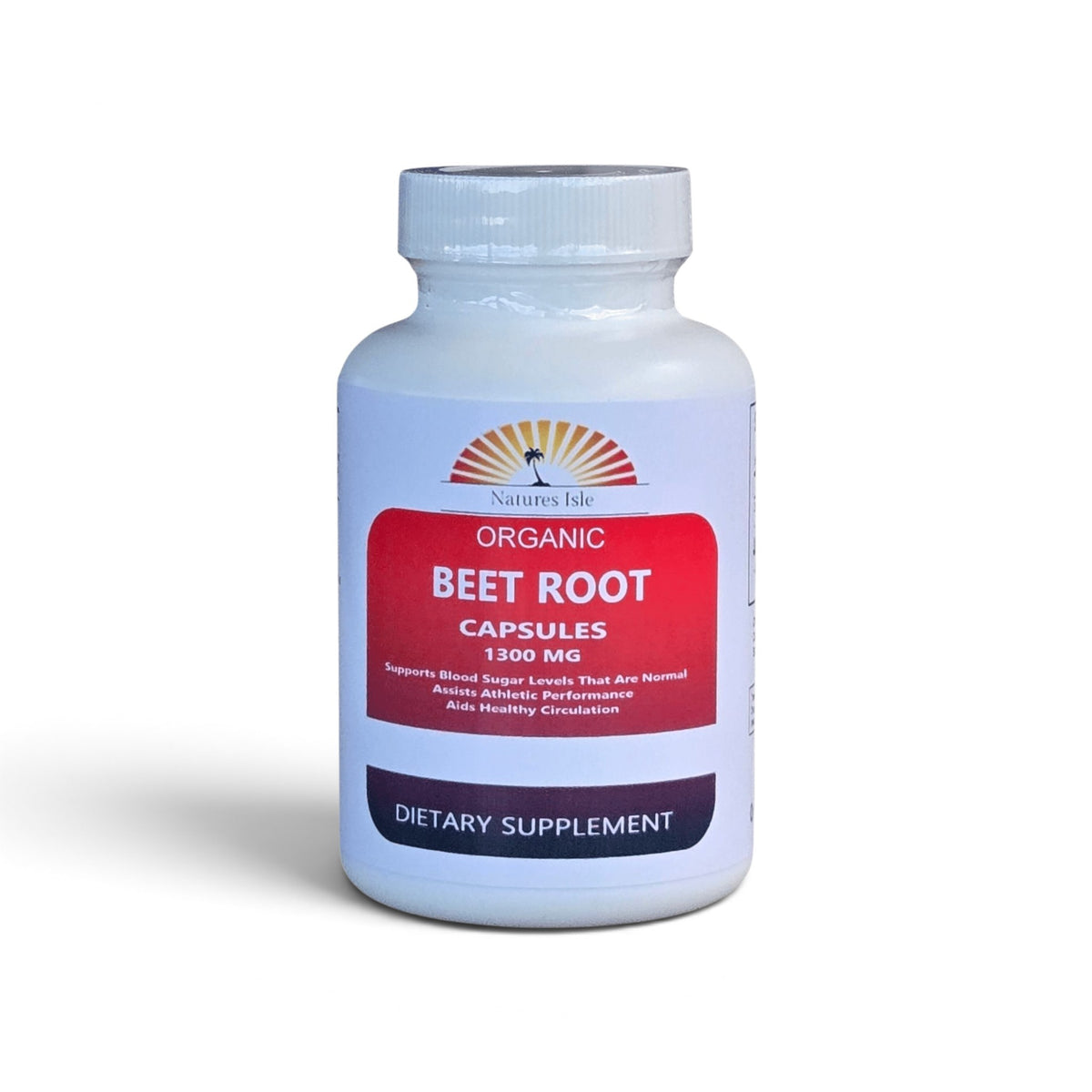 Organic Beet Root Capsules by Herbal Island, 1300MG, showing a bottle of dietary supplement capsules on a white background.