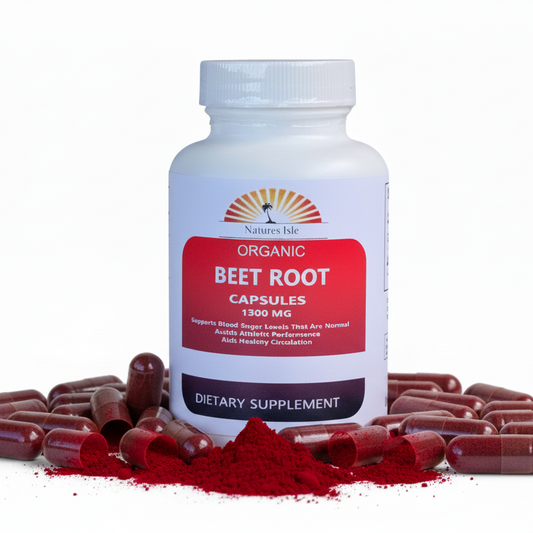 Organic Beet Root Capsules by Herbal Island, 1300MG capsules in a clear container, showing the capsules inside.