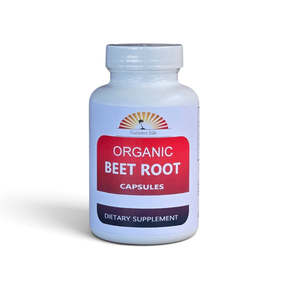 Herbal Island organic beet root capsules, 500mg, in clear capsule form on a white background.