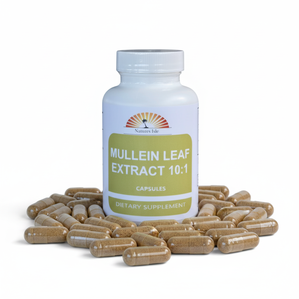 Herbal Island Mullein Leaf Extract capsules in a white bottle with label, displayed on a neutral background.
