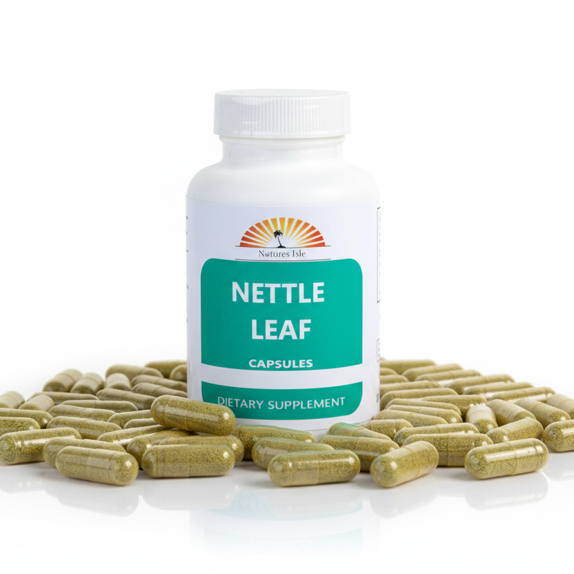Herbal Island Nettle Leaf Capsules (Urtica Dioica) 500mg, showing green capsules in a blister pack.
