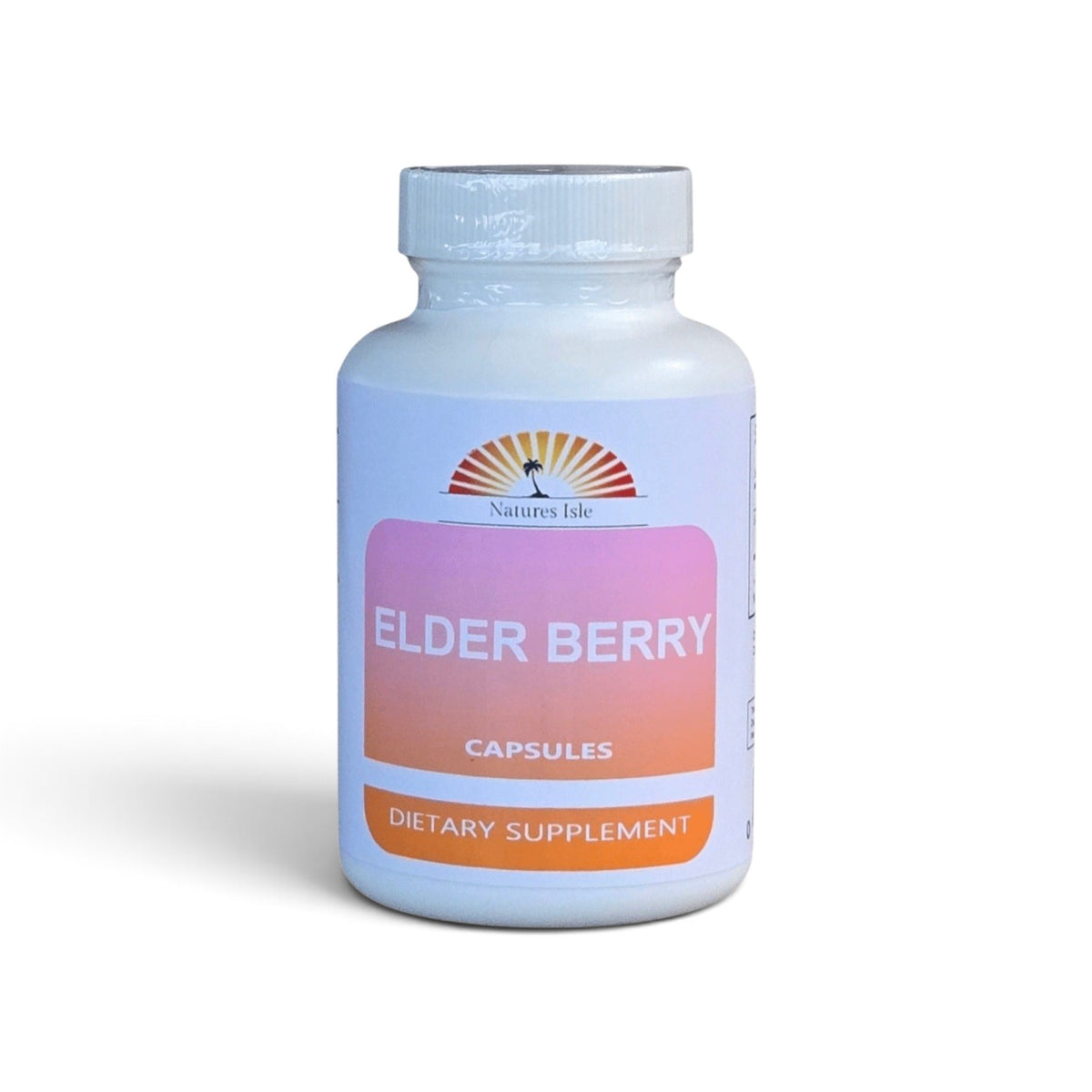 Herbal Island elderberry fruit capsules in a white bottle with a label, showcasing dietary supplement capsules for immune support.