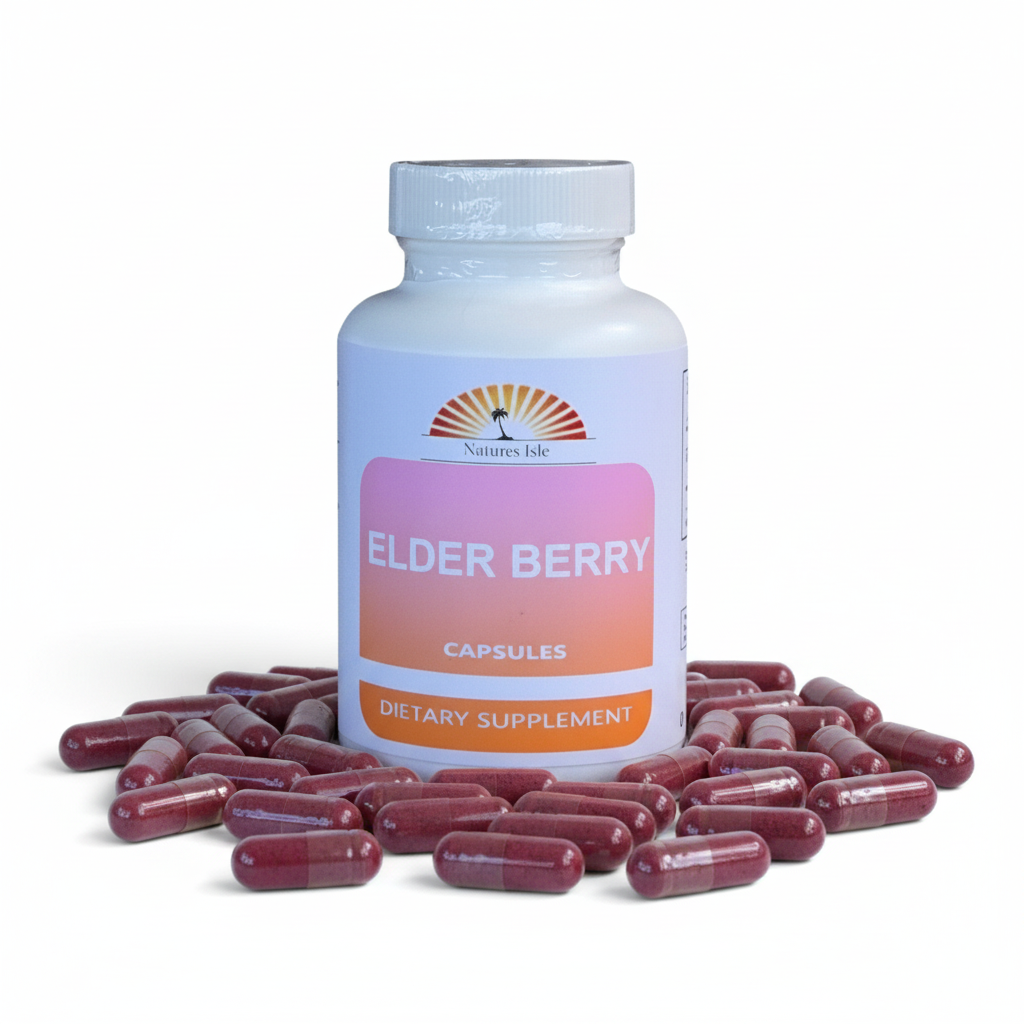 Herbal Island elderberry fruit capsules in a clear bottle, showing dark capsule pills for immune support supplement.