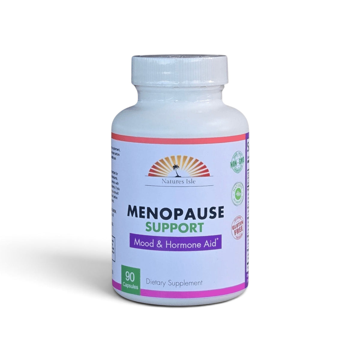 Herbal Island menopause support capsules in a bottle, showing 90 natural supplement capsules for hormonal relief and women's health.