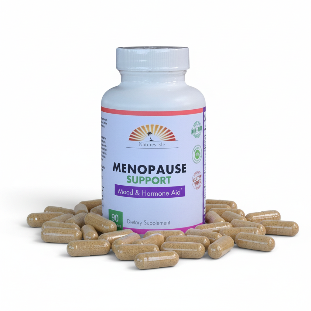 Herbal Island Menopause Support Capsules in a bottle, 90-count dietary supplement for menopause relief and hormonal balance.