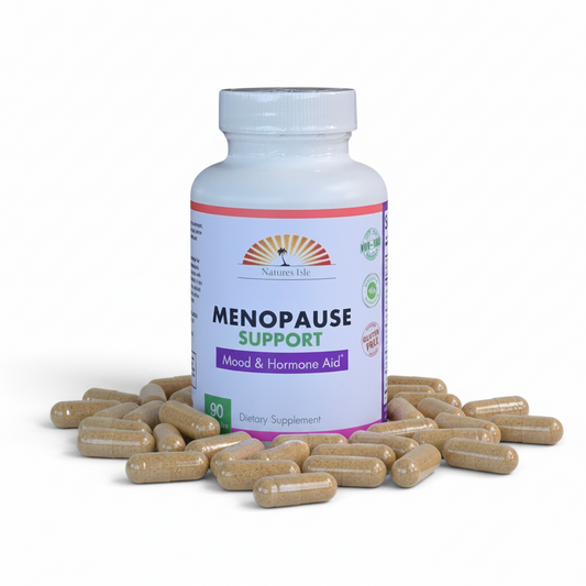 Herbal Island Menopause Support Capsules in a bottle, 90-count dietary supplement for menopause relief and hormonal balance.