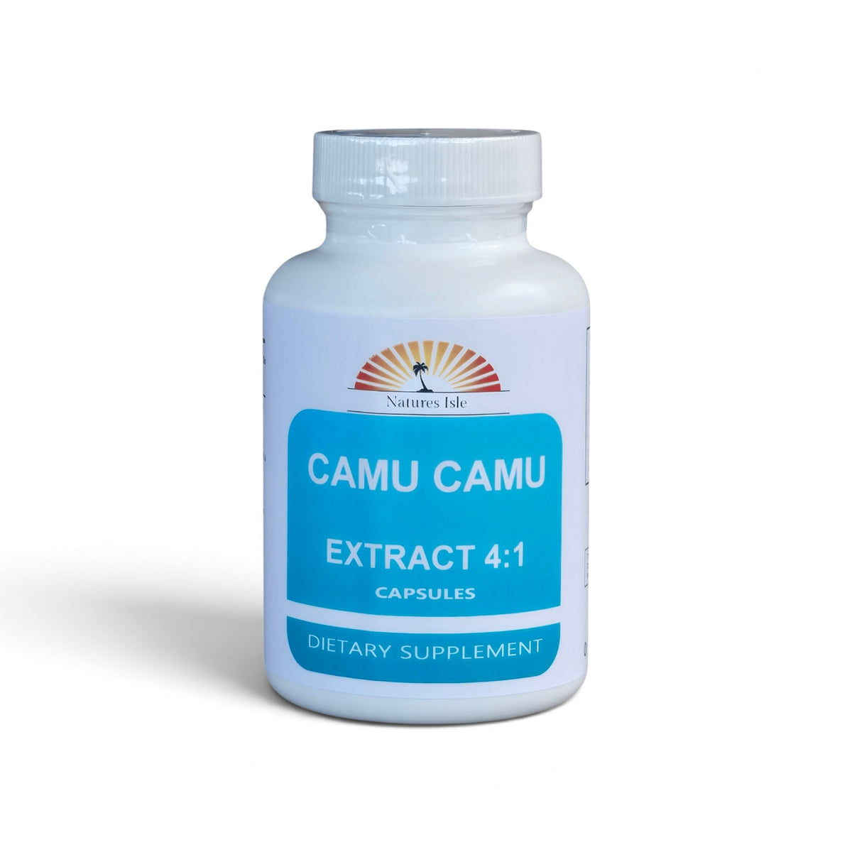 Herbal Island Camu Camu 4:1 extract capsules, soft gel capsules with green and white packaging, close-up view.