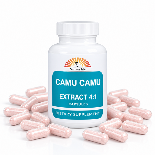 Herbal Island Camu Camu 4:1 extract capsules, natural supplement in softgel form with green and white capsule visible.