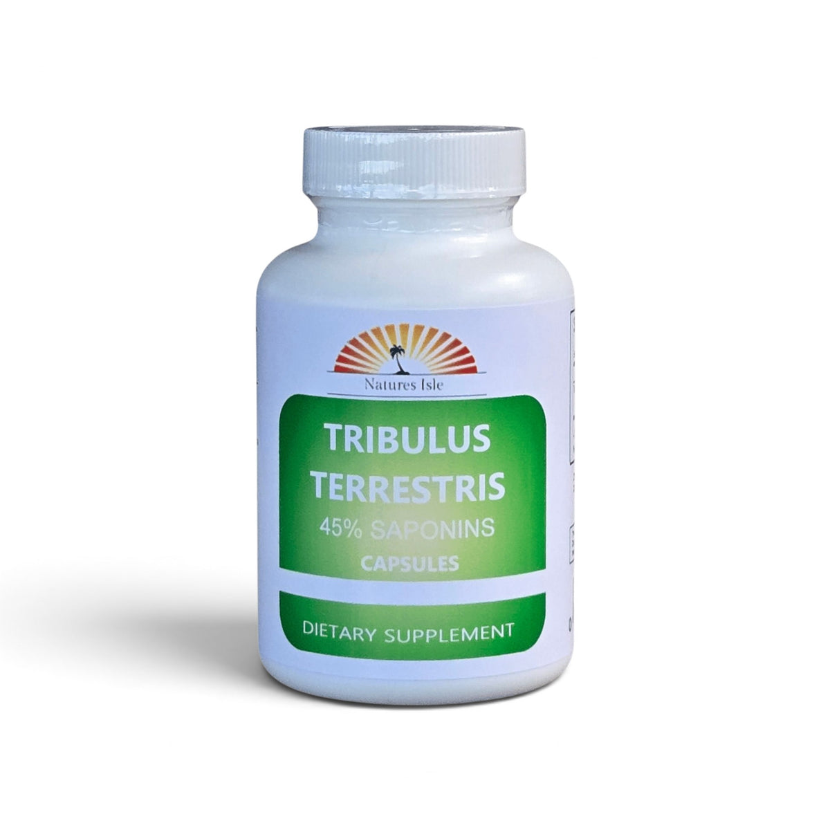 Herbal Island Tribulus Terrestris L fruit powder capsules with 45% saponins, shown in clear capsule form on a white background.