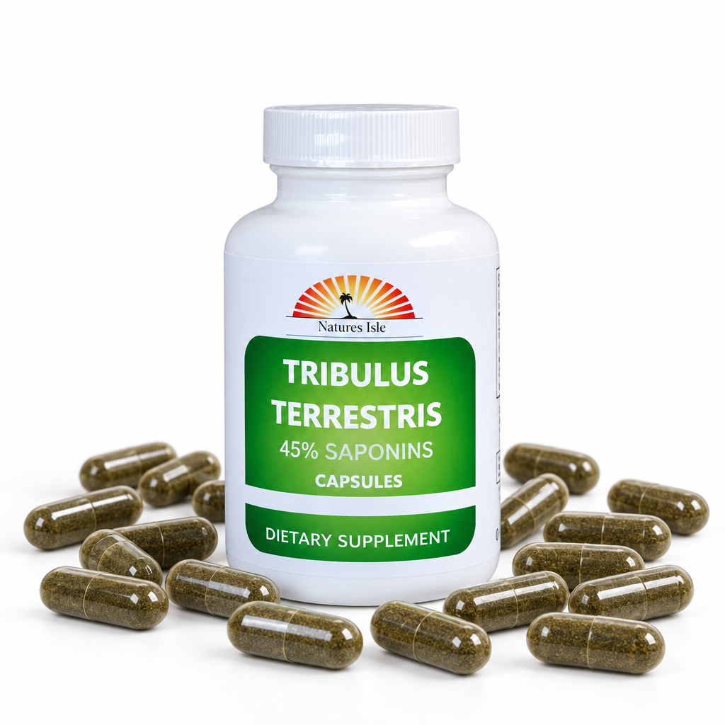 Herbal Island Tribulus Terrestris L fruit powder capsules with 45% saponins, shown in a clear container against a white background.