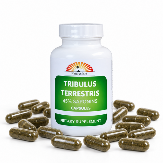 Herbal Island Tribulus Terrestris L fruit powder capsules with 45% saponins, shown in a clear container against a white background.