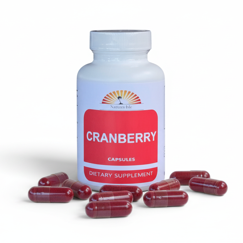 Herbal Island cranberry powder capsules 500mg in a white bottle with a label, displayed on a white background.