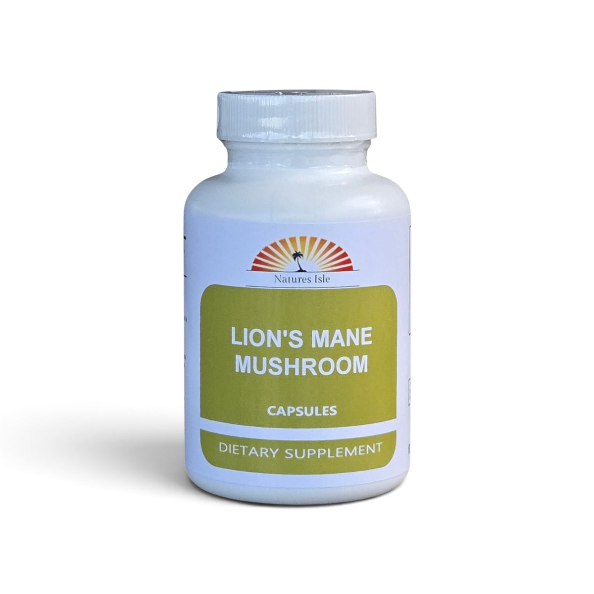 Herbal Island Lion's Mane Mushroom Capsules in clear capsules, showing the supplement's natural appearance and packaging.