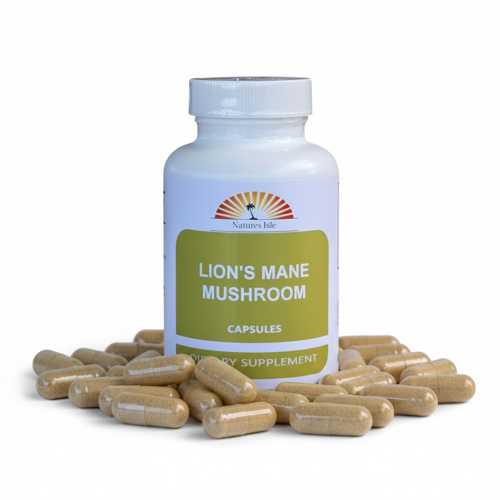 Herbal Island Lion's Mane Mushroom Capsules shown in clear white capsules on a plain background.