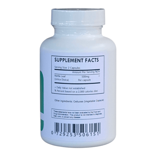 Herbal Island Nettle Leaf Capsules (Urtica Dioica) 500mg in clear capsules, displayed on a white background.