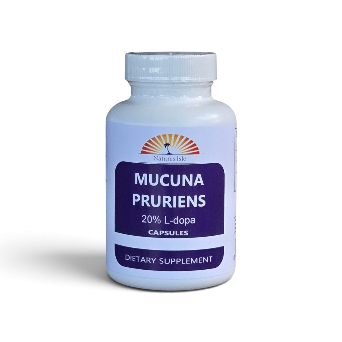 Herbal Island Mucuna Pruriens extract capsules with 20% L-Dopa, showing the capsule packaging and label.