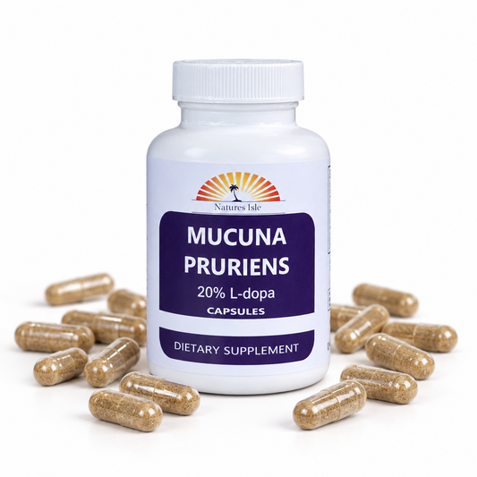 Herbal Island Mucuna Pruriens extract capsules with 20% L-Dopa, velvet bean supplement in clear capsule form.