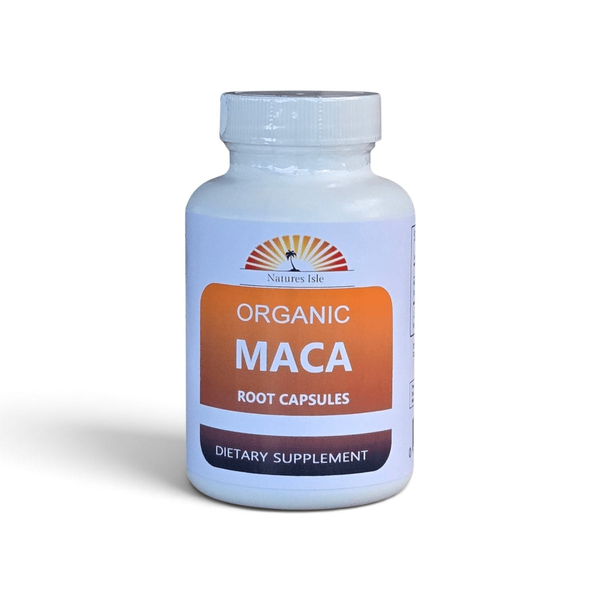 Organic Maca Root Powder Capsules from Herbal Island, showing a close-up of the capsules in a clear container on a white background.