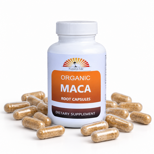 Organic Maca Root Powder Capsules by Herbal Island, showing brown capsules in a clear container on a white background.