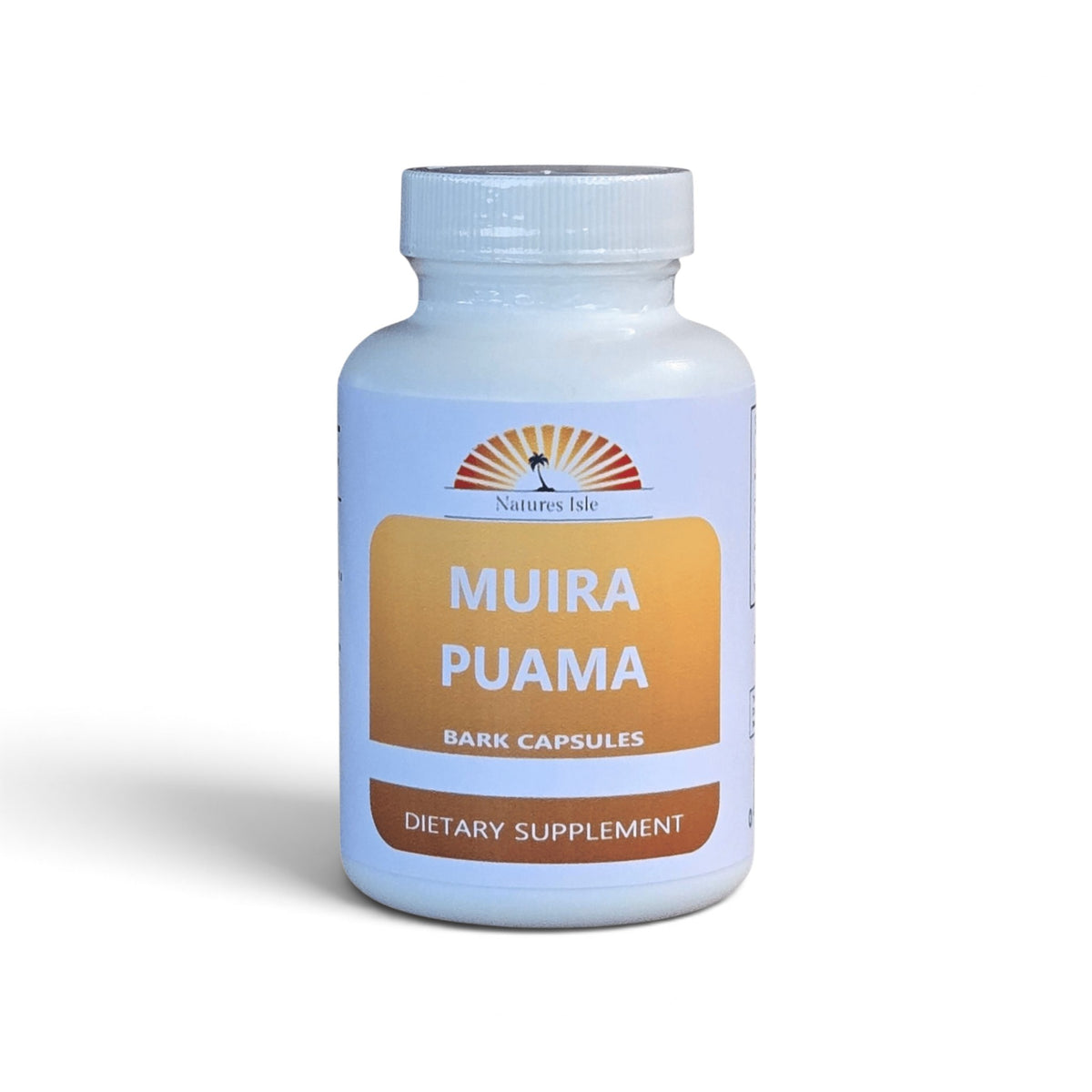 Herbal Island Muira Puama Bark Capsules 500mg in white plastic bottle, showing the label and capsule details.
