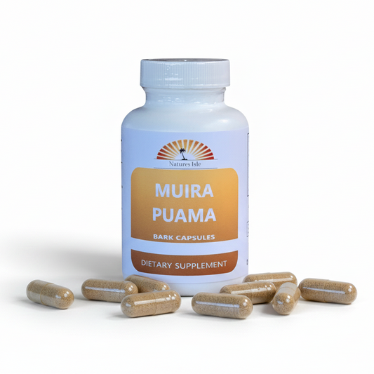 Herbal Island Muira Puama Bark Capsules 500mg in clear capsules, displayed on a white background.